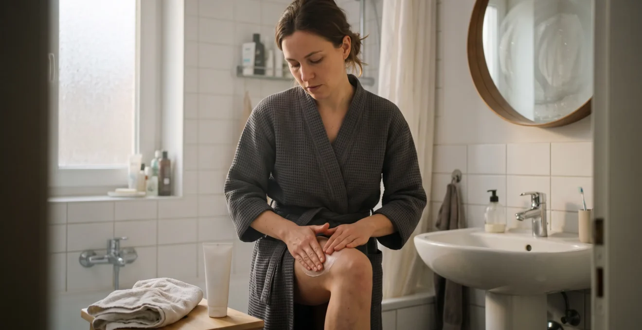 Une femme applique une crème amincissante en massages circulaires sur sa cuisse dans une salle de bain baignée de lumière naturelle.