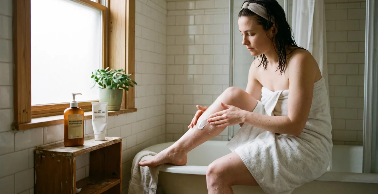 Une femme applique une crème hydratante sur sa jambe sèche dans une salle de bain après la douche.
