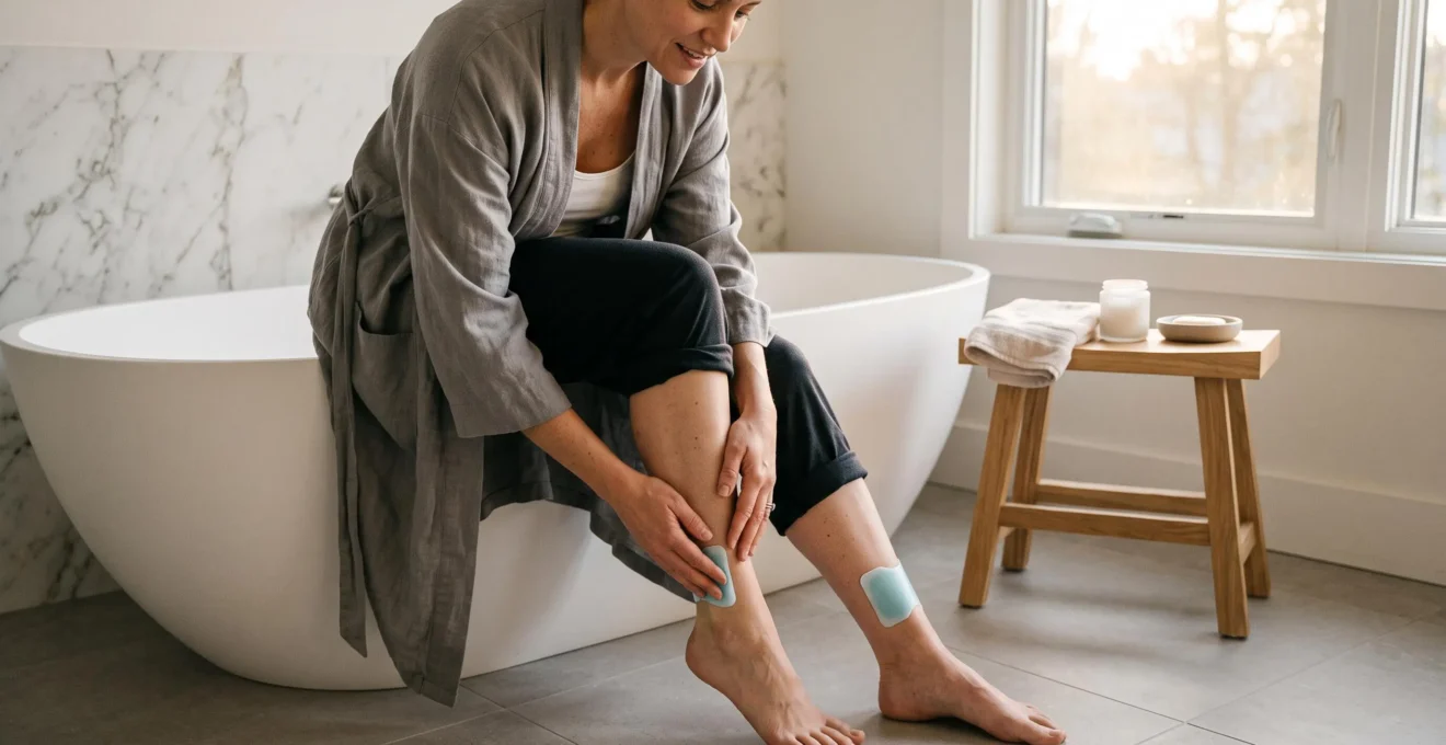 Une femme applique un soin rafraîchissant sur ses jambes pour soulager la sensation de fatigue après une longue journée.