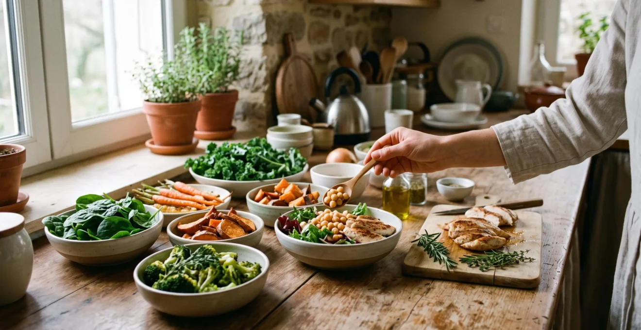 Mains assemblant un repas équilibré de légumes frais et de protéines dans une cuisine lumineuse pour structurer sa journée nutrition.