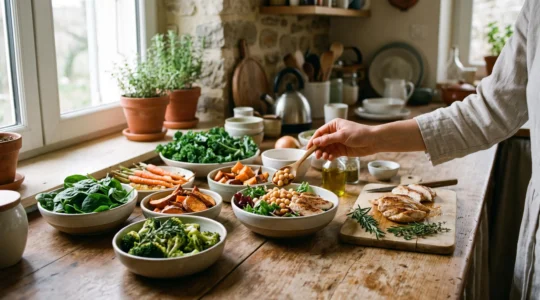 Mains assemblant un repas équilibré de légumes frais et de protéines dans une cuisine lumineuse pour structurer sa journée nutrition.