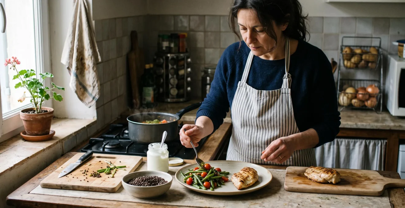 Une femme compose dans sa cuisine une assiette équilibrée avec des légumes, des lentilles et une portion de protéines maigres.