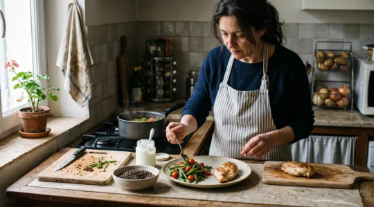Une femme compose dans sa cuisine une assiette équilibrée avec des légumes, des lentilles et une portion de protéines maigres.