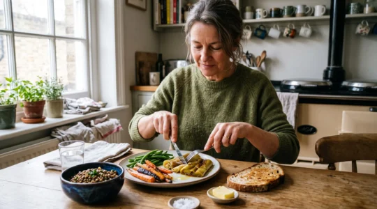 Une femme déguste à table une assiette de légumes cuits riches en fibres accompagnés de lentilles et de pain au levain, dans une cuisine lumineuse.