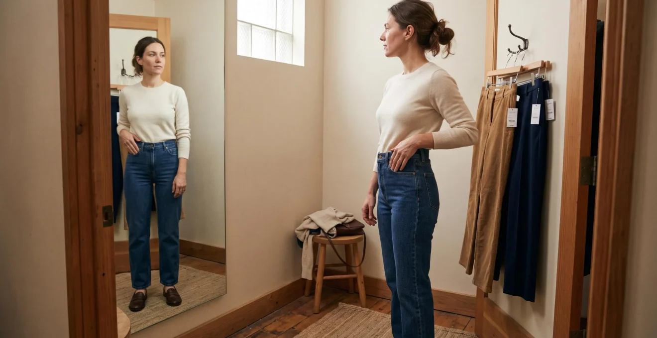 Une femme de profil dans une cabine d'essayage pose la main sur la ceinture d'un pantalon taille haute, son reflet dans le miroir montrant la proportion jambe-buste.