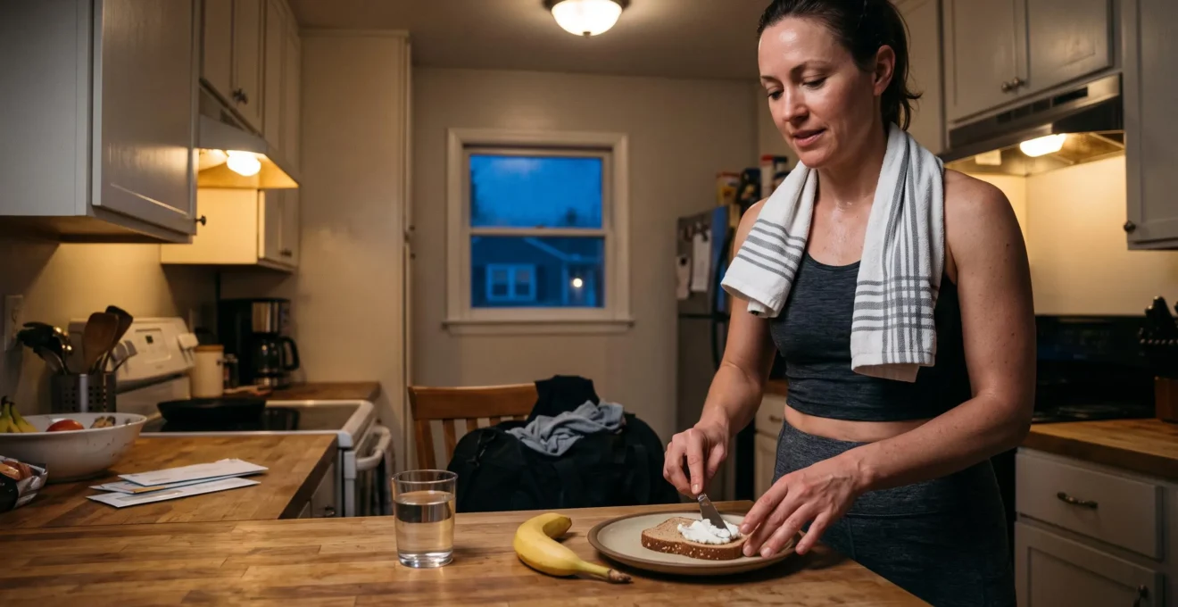 Une personne de retour d'un entraînement intense prépare une collation de récupération composée de pain, de fromage blanc et d'une banane dans sa cuisine le soir.