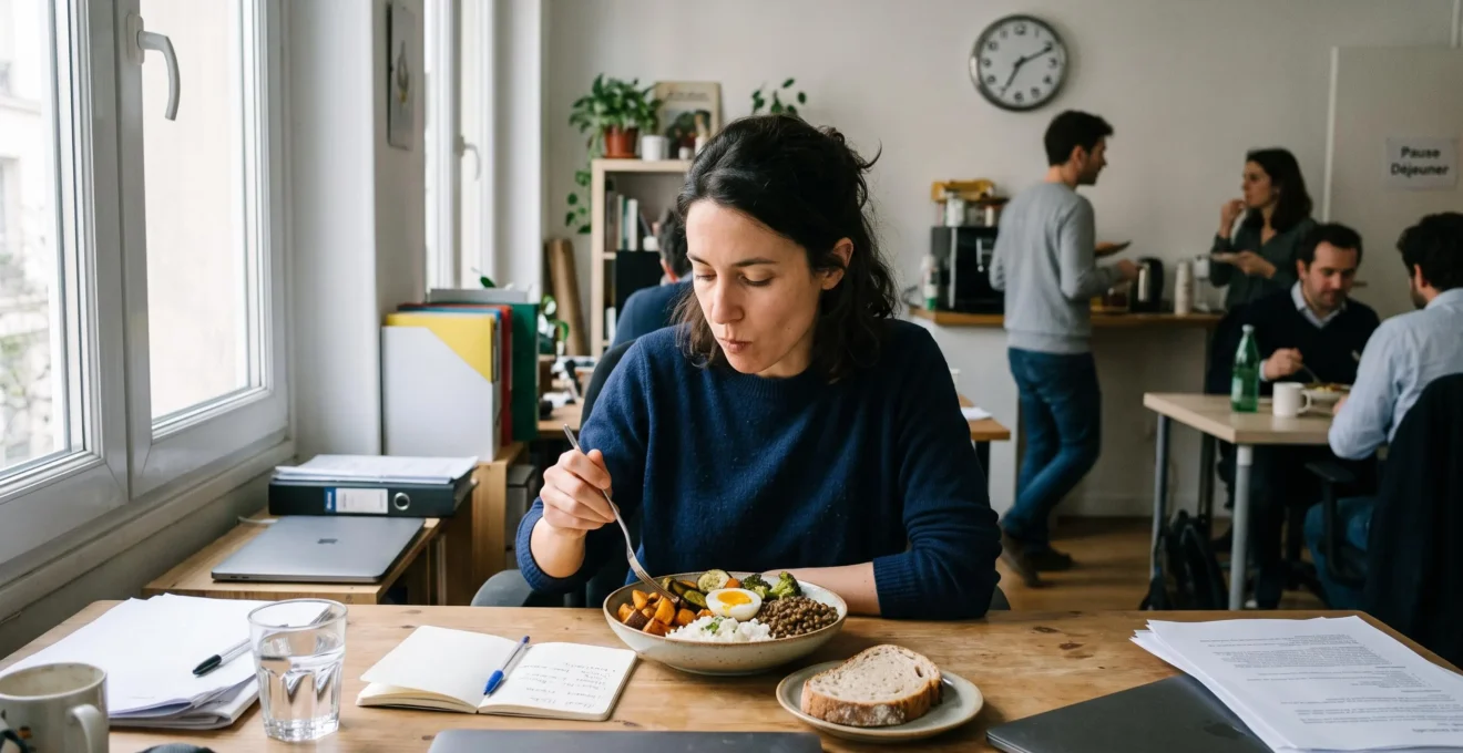 Une femme déjeune à son bureau avec un bol de riz basmati, des lentilles, des légumes et un œuf, en notant l'heure de son repas.