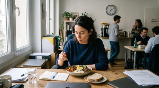 Une femme déjeune à son bureau avec un bol de riz basmati, des lentilles, des légumes et un œuf, en notant l'heure de son repas.
