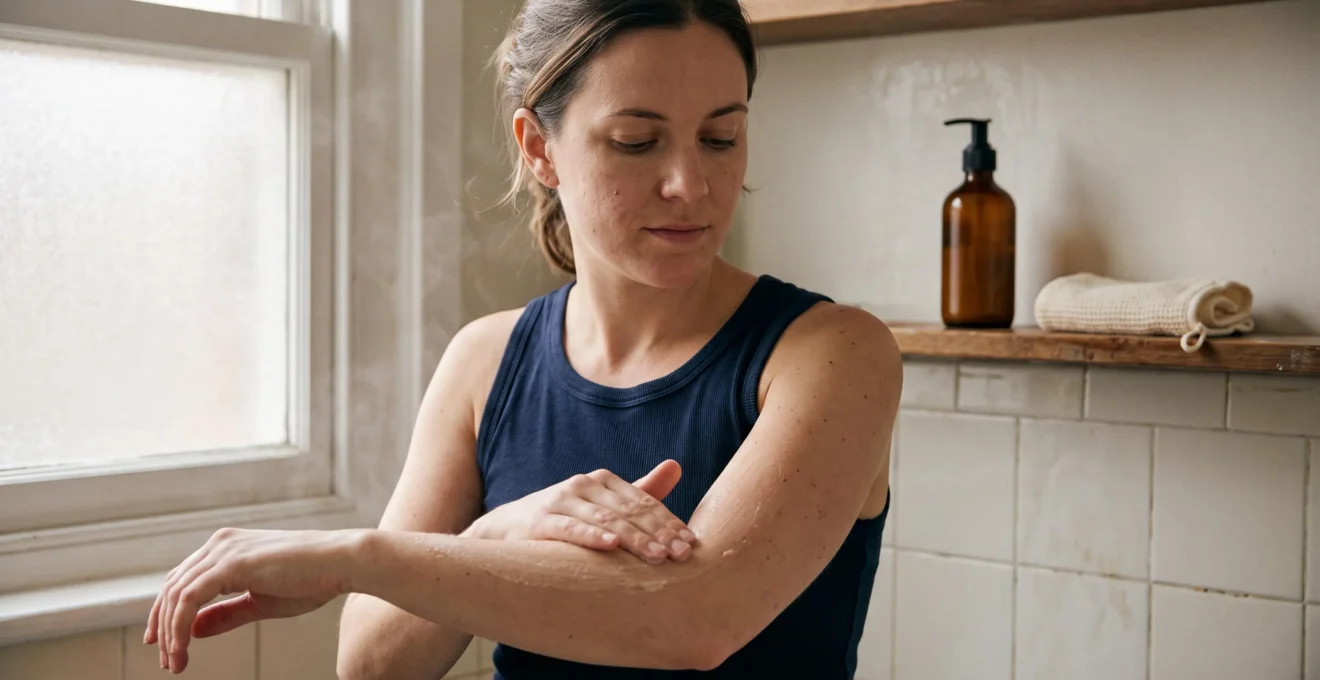Une femme applique doucement un exfoliant corporel sur son avant-bras sous la douche, dans une salle de bains lumineuse.