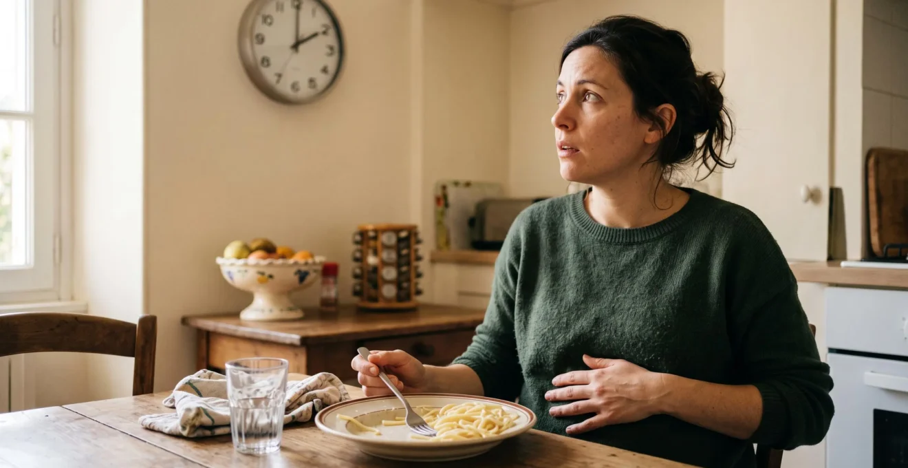 Une femme assise à sa table de cuisine devant une assiette de pâtes presque vide, la main sur le ventre, regarde l'horloge peu de temps après son repas.