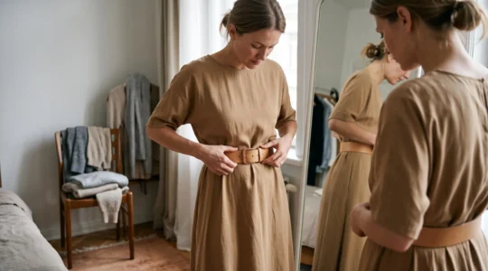Une femme ajuste une ceinture large sur une robe fluide devant un miroir, en observant le placement sur sa taille.