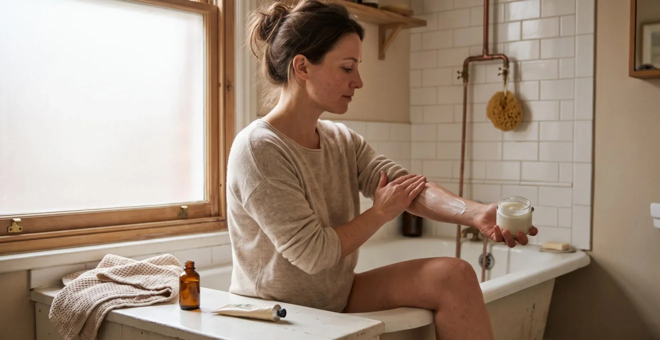 Une femme applique une crème corporelle sur son avant-bras dans une salle de bain lumineuse.