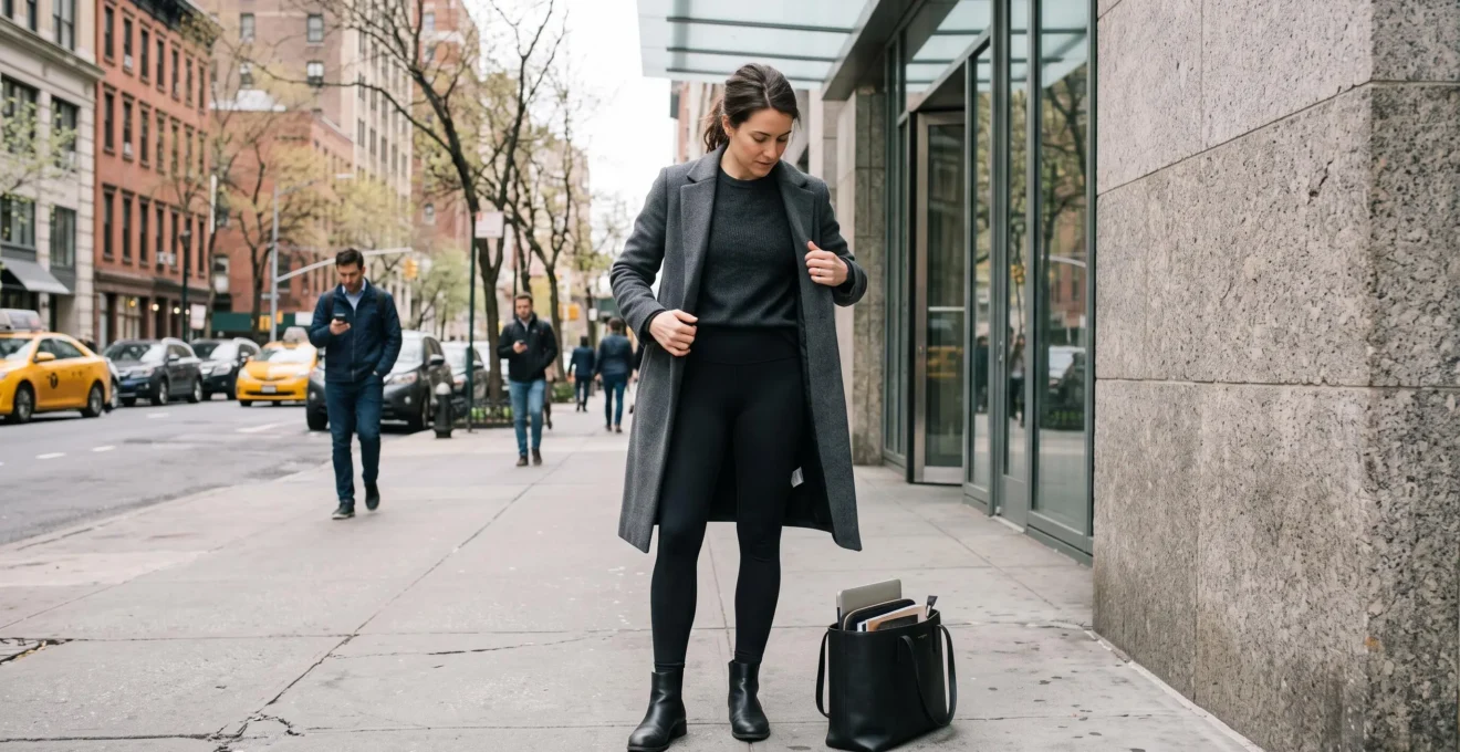 Une femme porte un legging mat noir sous un long manteau structuré avec des bottines en cuir, debout sur un trottoir urbain devant un immeuble de bureaux.