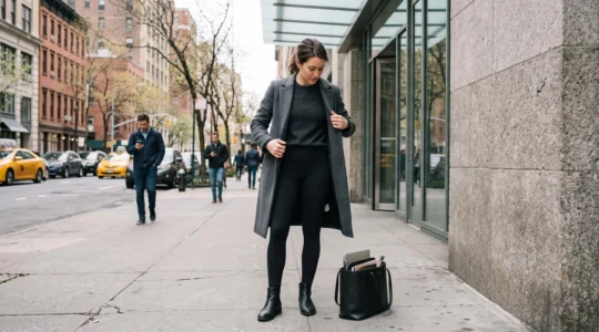 Une femme porte un legging mat noir sous un long manteau structuré avec des bottines en cuir, debout sur un trottoir urbain devant un immeuble de bureaux.