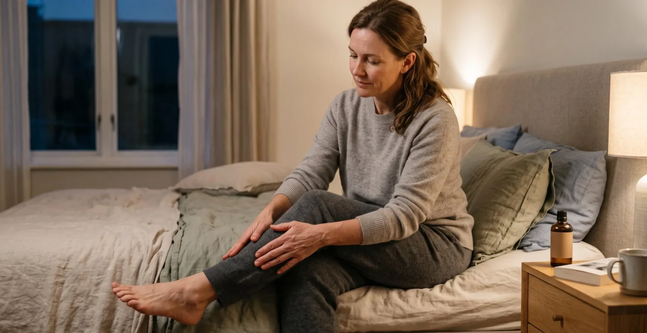 Une femme assise sur le bord d'un lit masse son mollet en larges mouvements circulaires avec la paume des mains.