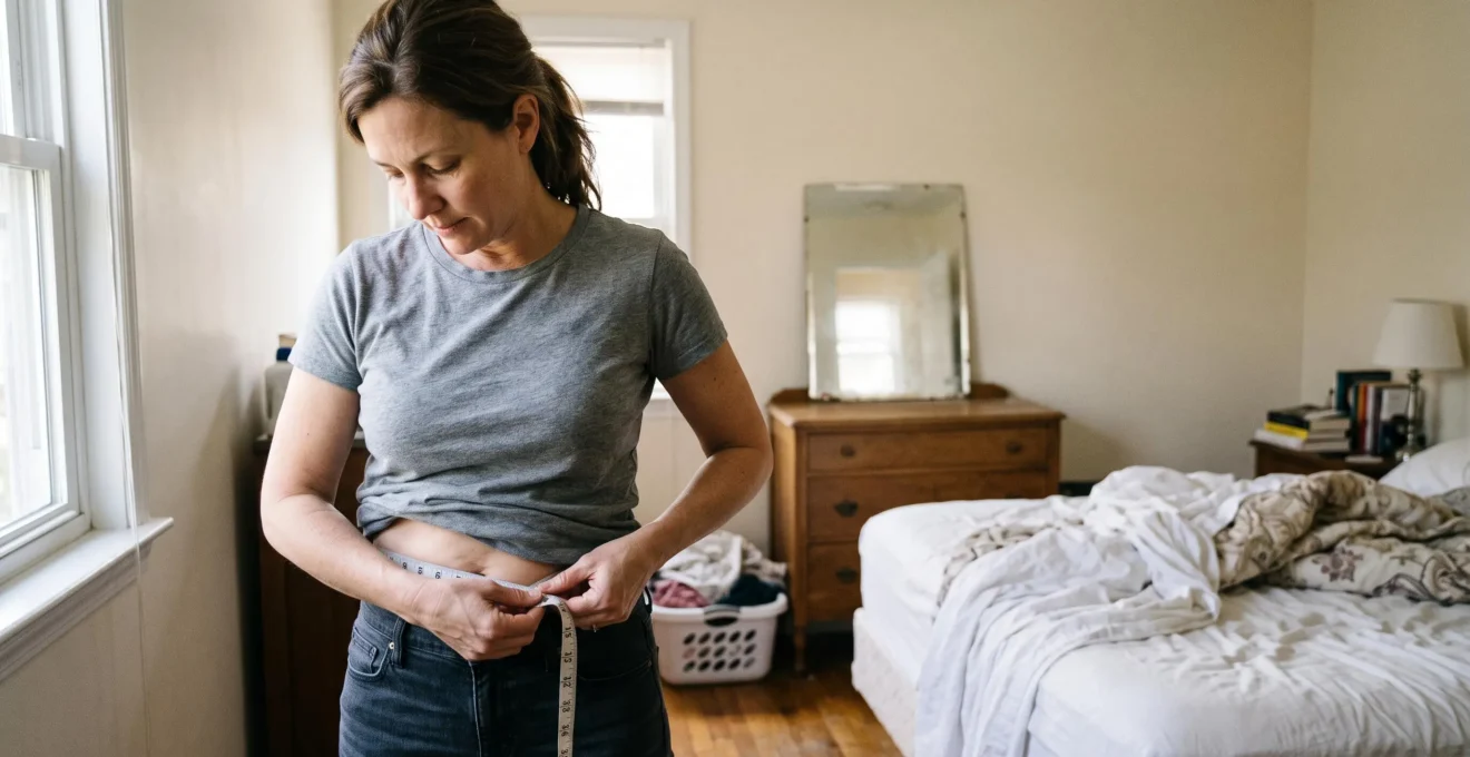 Une femme mesure son tour de taille avec un mètre ruban souple dans une chambre lumineuse.