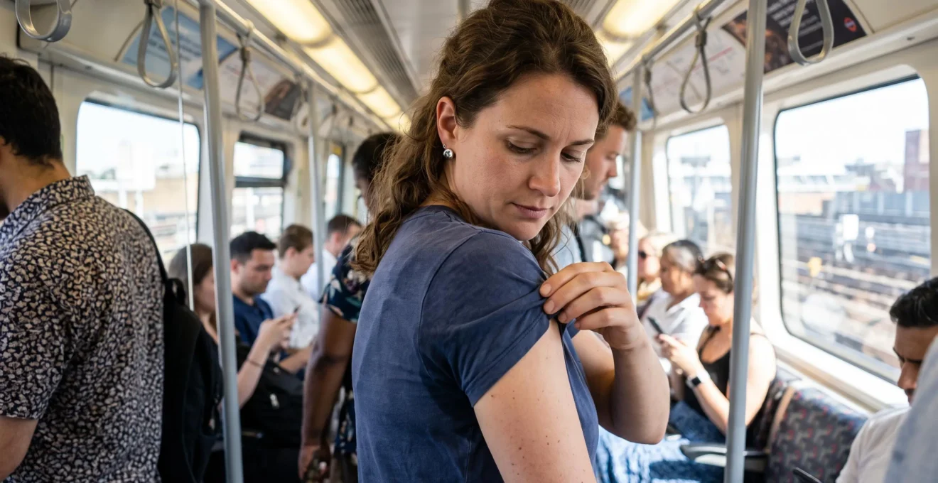Une femme dans le métro constate que son t-shirt en coton humide colle à ses aisselles après la marche.