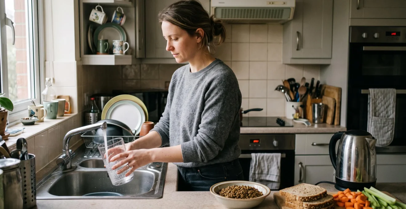 Une femme remplit un verre d'eau au robinet dans une cuisine, avec un repas simple à base de lentilles, de pain complet et de légumes frais sur le plan de travail.