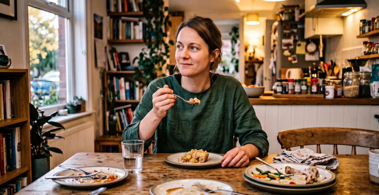 Une femme assise à sa table de cuisine savoure lentement un dessert en fin de dîner, sans écran ni distraction autour d'elle.