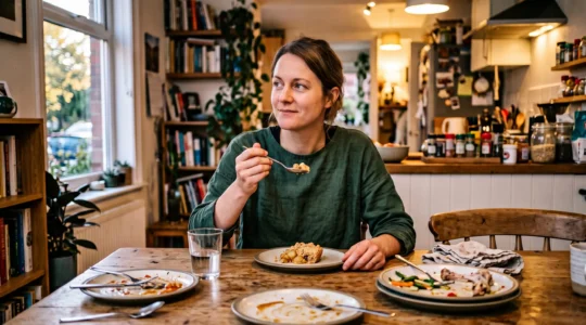 Une femme assise à sa table de cuisine savoure lentement un dessert en fin de dîner, sans écran ni distraction autour d'elle.