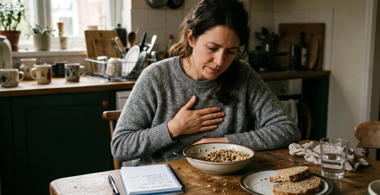 Une femme assise à une table de cuisine pose la main sur son ventre devant un bol de riz complet à moitié fini.