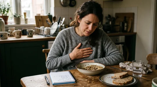 Une femme assise à une table de cuisine pose la main sur son ventre devant un bol de riz complet à moitié fini.