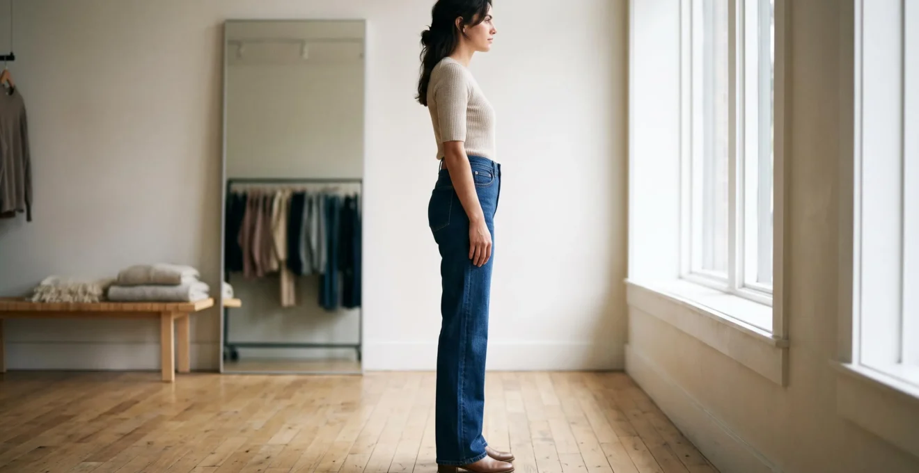 Femme de profil portant un jean coupe droite, soulignant une ligne verticale lisse et non moulante sur la jambe.