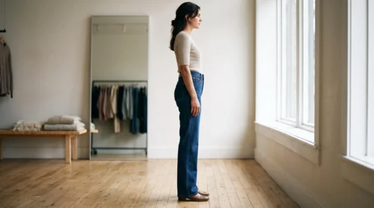 Femme de profil portant un jean coupe droite, soulignant une ligne verticale lisse et non moulante sur la jambe.