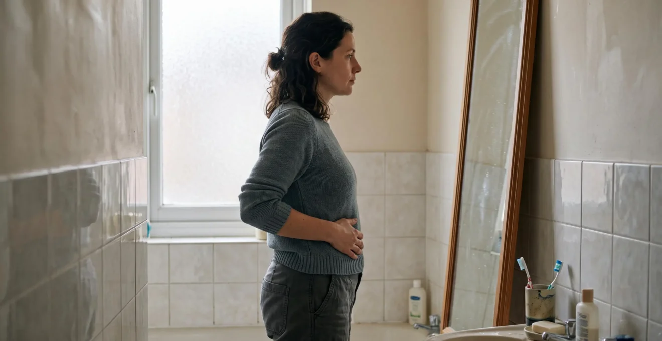 Une femme se observe debout de profil devant un miroir de salle de bain, dans une posture calme et neutre, à la lumière naturelle du matin.