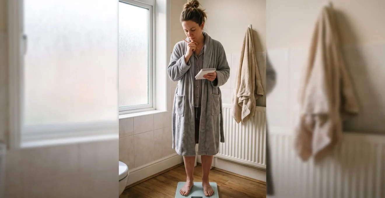 Une personne se pèse sur une balance dans sa salle de bain le matin, un carnet à la main.