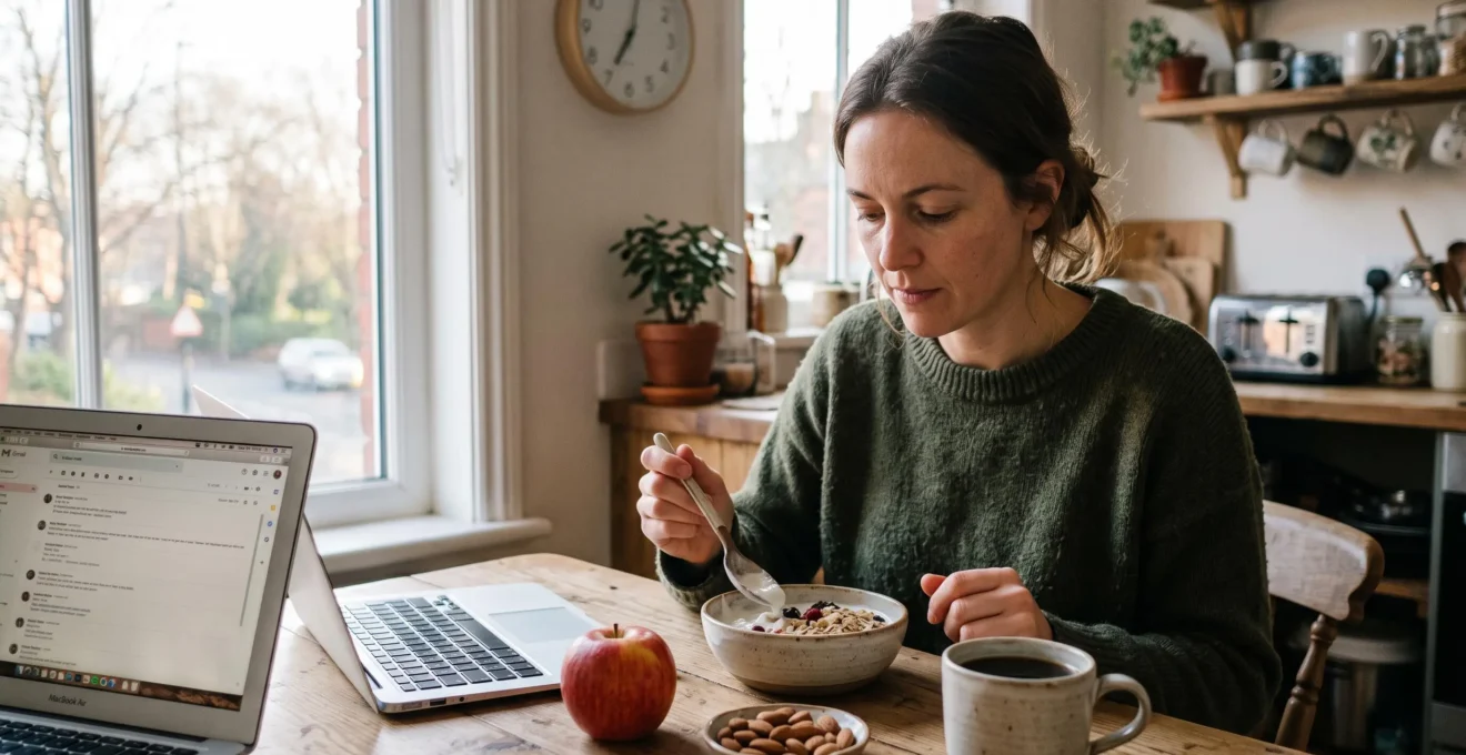 Une personne prend un petit-déjeuner équilibré composé de yaourt, flocons d'avoine, pomme et amandes à côté de son ordinateur portable dans une cuisine.