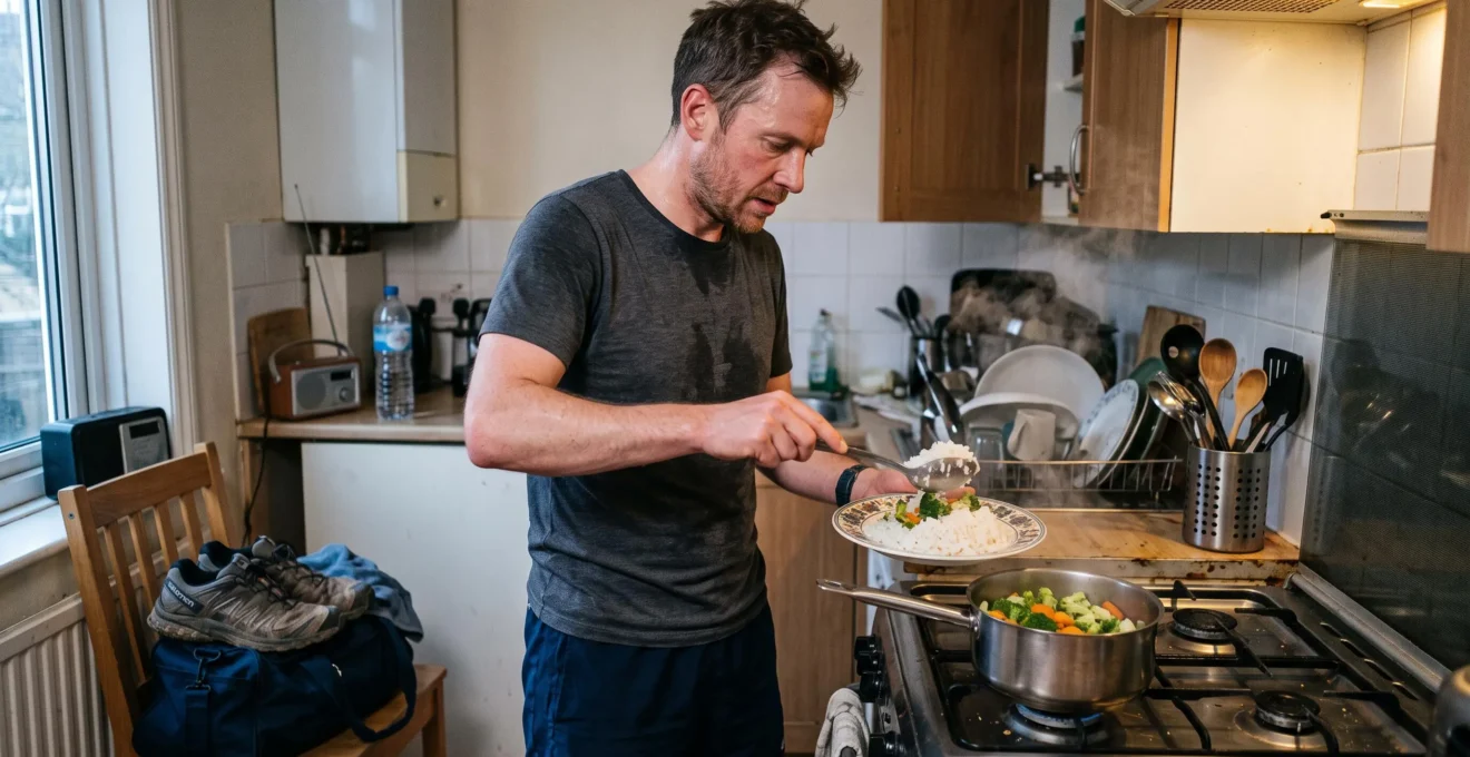 Un homme sert une assiette de riz dans sa cuisine après son entraînement, avec ses chaussures de sport posées à côté.