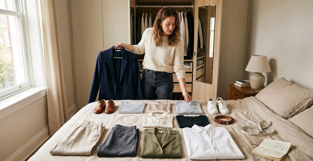 Une femme dispose douze vêtements sélectionnés sur un lit dans une chambre éclairée par la lumière du jour, un blazer à la main.