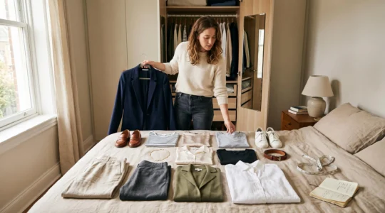 Une femme dispose douze vêtements sélectionnés sur un lit dans une chambre éclairée par la lumière du jour, un blazer à la main.
