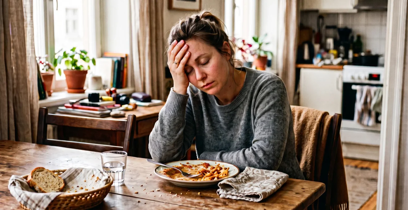 Une femme assise à table après un déjeuner riche en glucides, la tête penchée et visiblement somnolente.