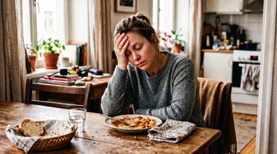 Une femme assise à table après un déjeuner riche en glucides, la tête penchée et visiblement somnolente.