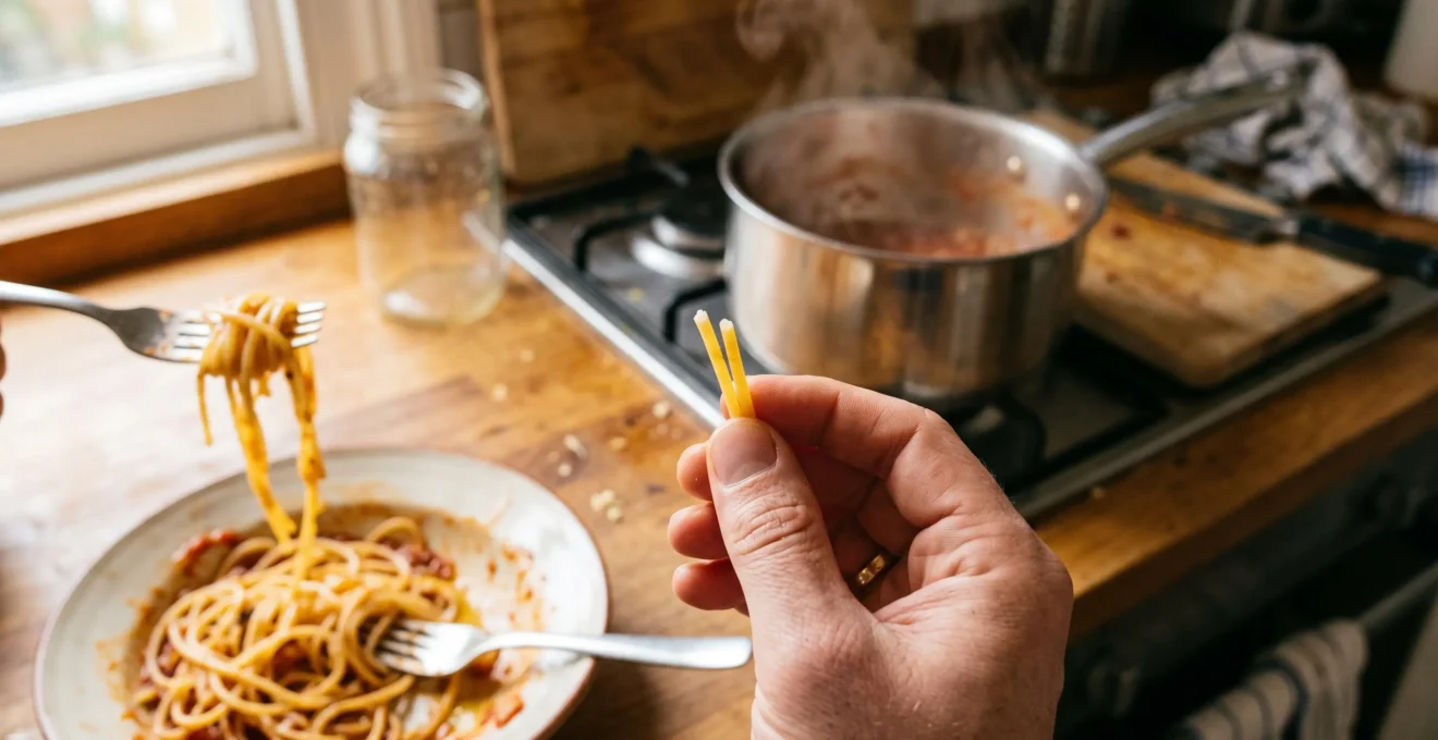Une personne casse un spaghetti cuit entre ses doigts pour vérifier le cœur pâle d'une cuisson al dente dans une cuisine domestique.