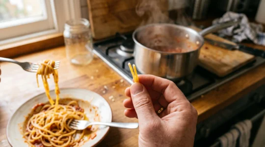 Une personne casse un spaghetti cuit entre ses doigts pour vérifier le cœur pâle d'une cuisson al dente dans une cuisine domestique.