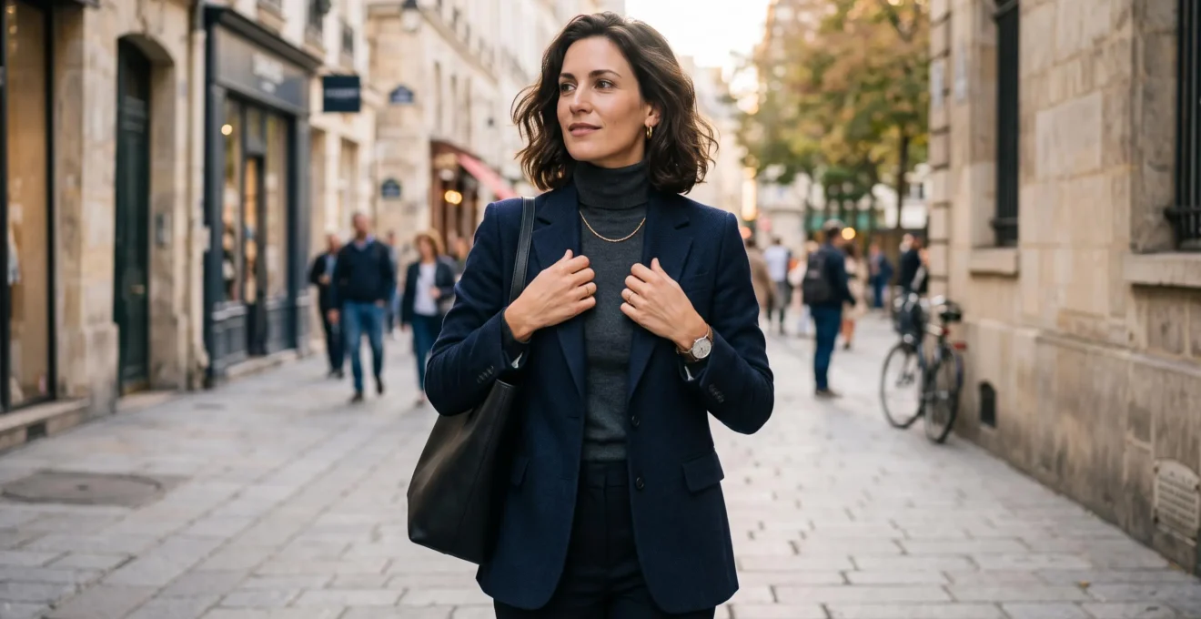 Femme au look urbain chic et affirmé ajustant son manteau dans une rue de ville.