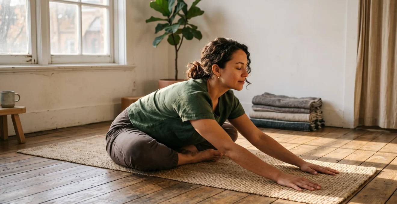 Personne pratiquant une séance de yoga douce au sol dans un environnement lumineux pour réduire le stress.